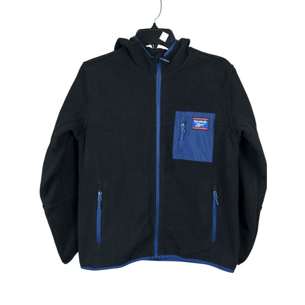 Reebok Youth Full-Zip Fleece Jacket Black & Blue Hooded Jacket (Size 10–12)